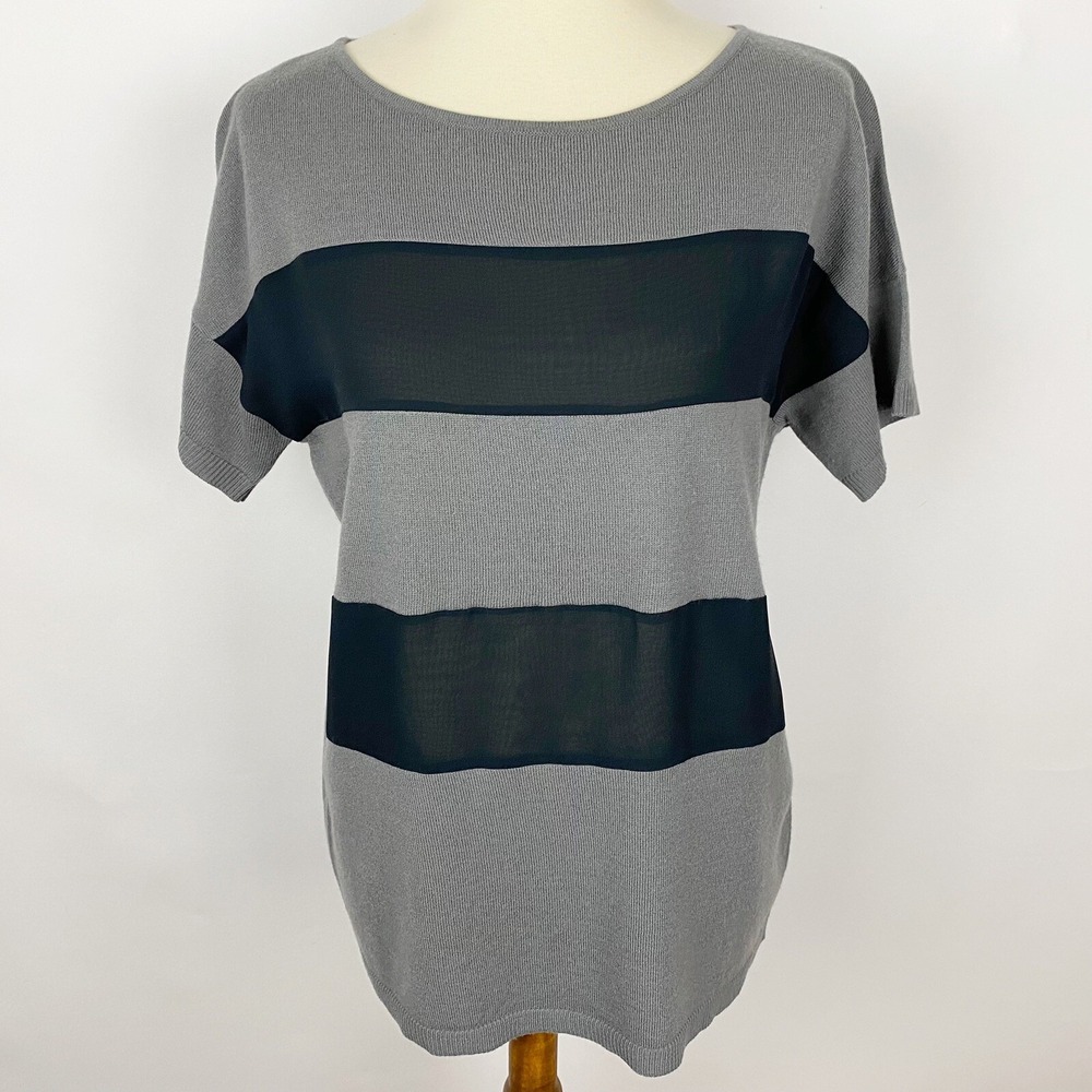 Gap Sheer Striped Colorblock Short Sleeve Knit Sweater Women M Grey Black